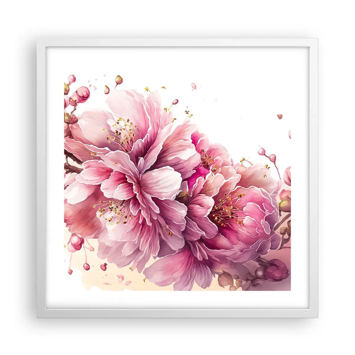 Affisch i vit ram - Blommande körsbärsblomma - 50x50 cm