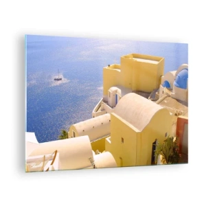 Glastavla - Bild på glas - Utsikt över Santorini med blått hav och vita byggnader - 70x50cm - Grekiskt landskap i vit och blå - Modern väggdekoration för vardagsrum och sovrum ARTTOR