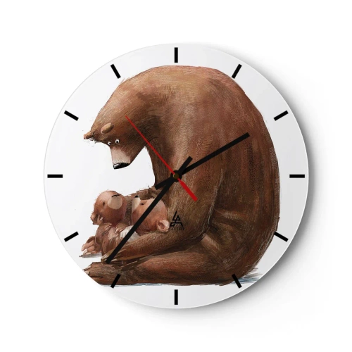 Väggklocka - Klocka på glas - En nallebjörn som kramar två små björnar på en vit bakgrund - 30x30cm - Söta drömmar, barn - Modern väggdekoration för vardagsrum, kök och sovrum ARTTOR