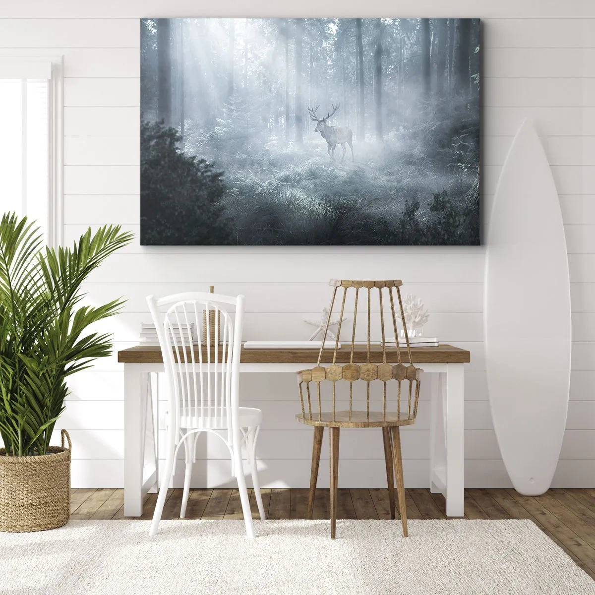 Canvastavla - Bild på duk - En hjort i en tät skog höljd i morgondimma - 70x50cm - Morgonrond runt godset - Modern väggdekoration för vardagsrum och sovrum ARTTOR