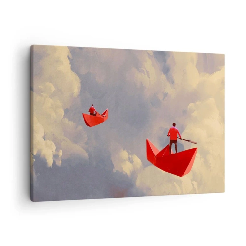 Canvastavla - Bild på duk - Röda pappersbåtar som svävar i molnen - 70x50cm - Drömmarnas utflykt - Modern väggdekoration för vardagsrum och sovrum ARTTOR
