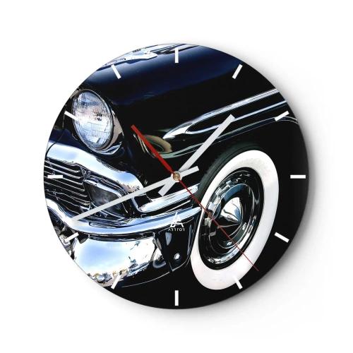 Väggklocka - Klocka på glas - En glänsande svart retrobil med klassisk stil - 30x30cm - Klassik i silver, svart och vit - Modern väggdekoration för vardagsrum, kök och sovrum ARTTOR