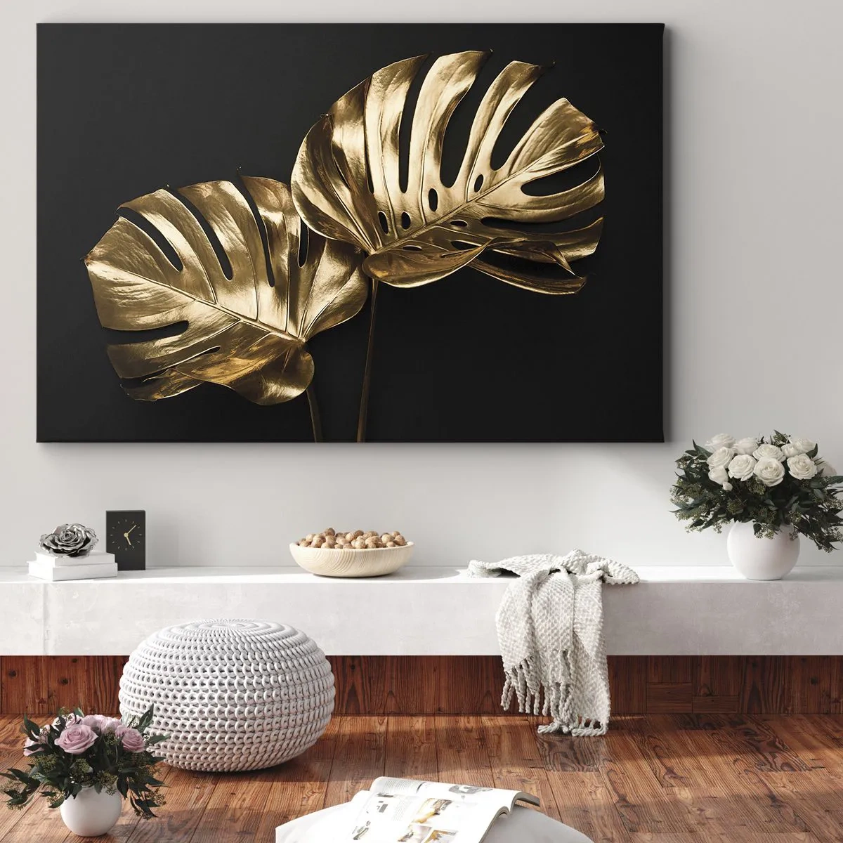 Canvastavla - Bild på duk - Gyllene monsterablad på svart bakgrund - 70x50cm - Naturens skatter - Modern väggdekoration för vardagsrum och sovrum ARTTOR