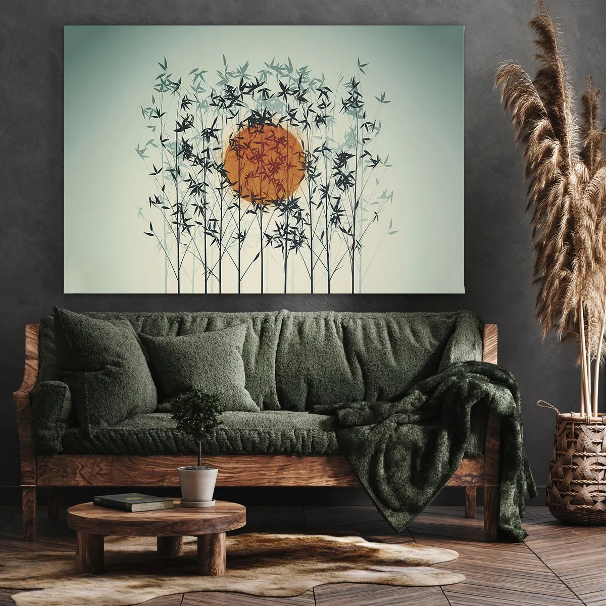 Canvastavla - Bild på duk - Orange sol bland bambugrenarna - 70x50cm - Japansk sol - Modern väggdekoration för vardagsrum och sovrum ARTTOR