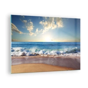 Glastavla - Bild på glas - Havsvågor som kraschar på en gyllene strand vid soluppgången - 70x50cm - Rörlighet och orörlighet samtidigt - Modern väggdekoration för vardagsrum och sovrum ARTTOR