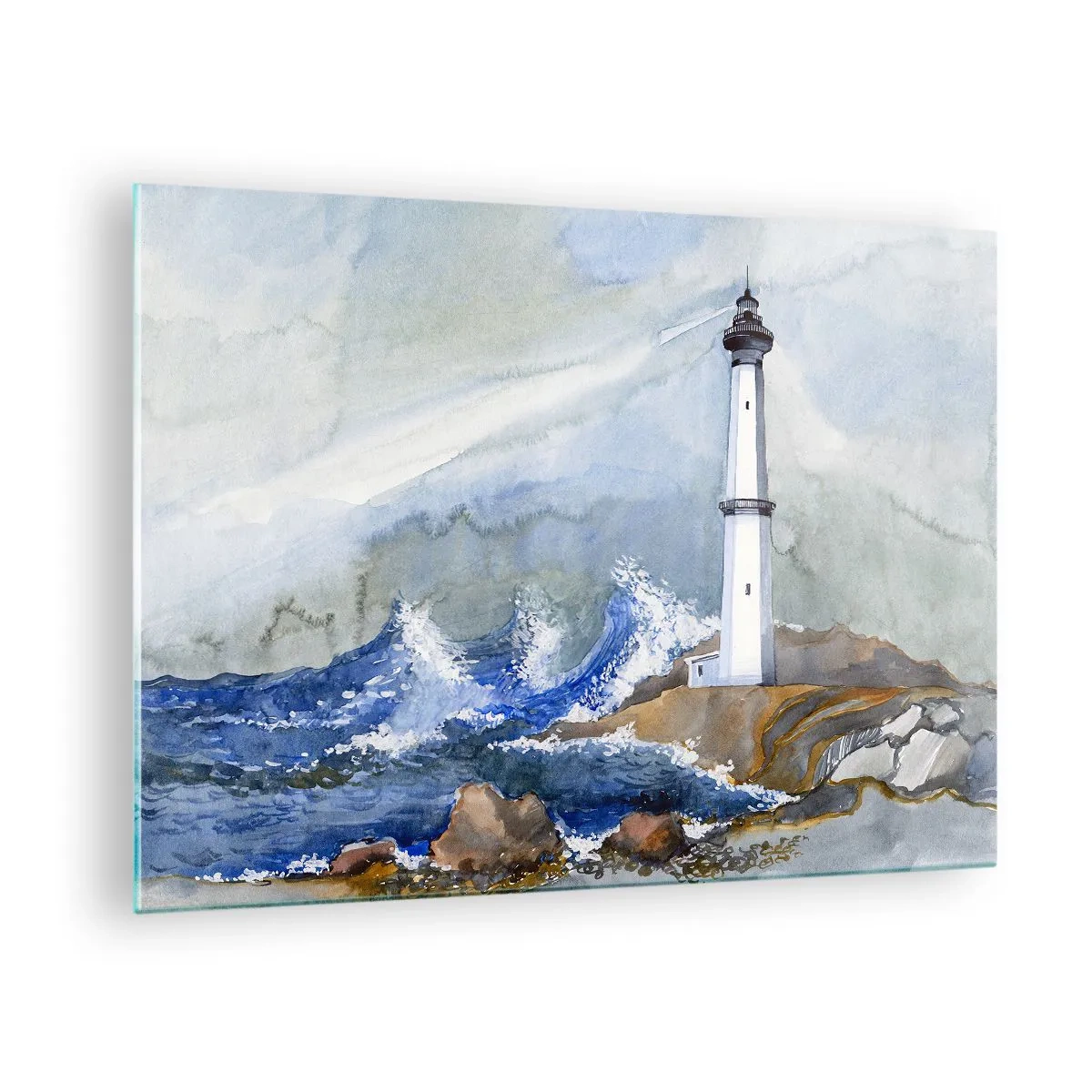 Glastavla - Bild på glas - En fyr vid ett stormigt hav i akvarellstil - 70x50cm - Mot mörkret och stormen - Modern väggdekoration för vardagsrum och sovrum ARTTOR