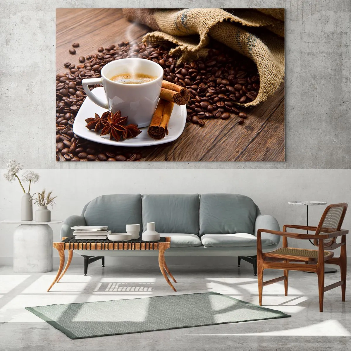 Glastavla - Bild på glas - En kopp kaffe med kanel och kaffebönor på ett träbord - 70x50cm - Rotsmak och -arom - Modern väggdekoration för vardagsrum och sovrum ARTTOR