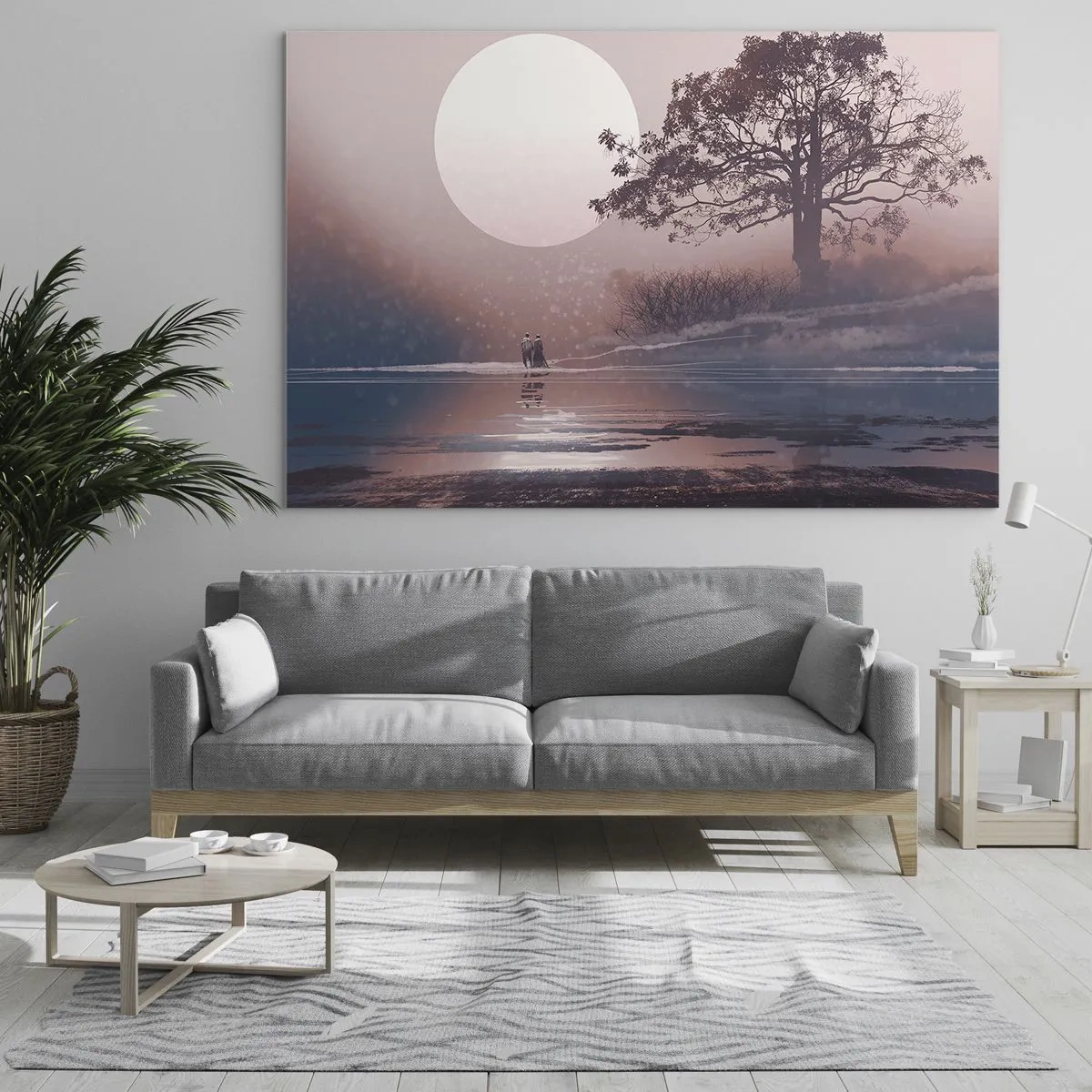 Glastavla - Bild på glas - Ett magiskt landskap med ett träd, en måne och figurer - 70x50cm - Nattens under - Modern väggdekoration för vardagsrum och sovrum ARTTOR