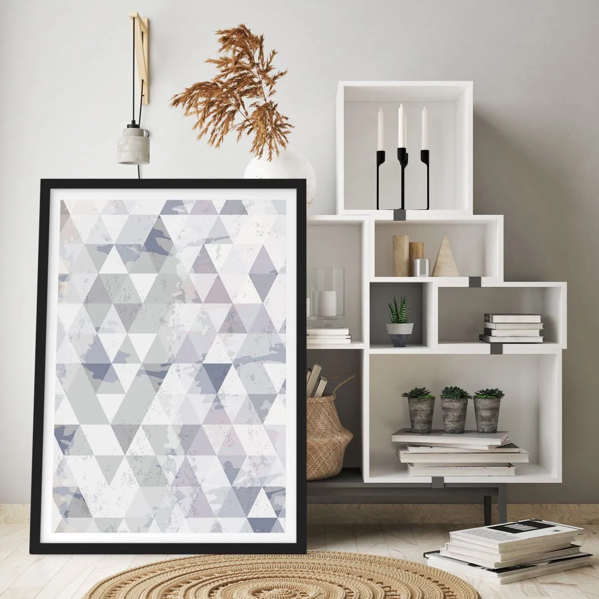 Affisch i svart ram - Geometriskt mönster av trianglar i grå nyanser - 50x70cm - Trianglar - Modern väggdekoration för vardagsrum och sovrum ARTTOR