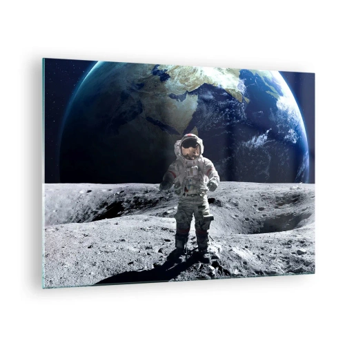 Glastavla - Bild på glas - Astronaut på månens yta med jorden i bakgrunden - 70x50cm - Hälsningar från månen - Modern väggdekoration för vardagsrum och sovrum ARTTOR