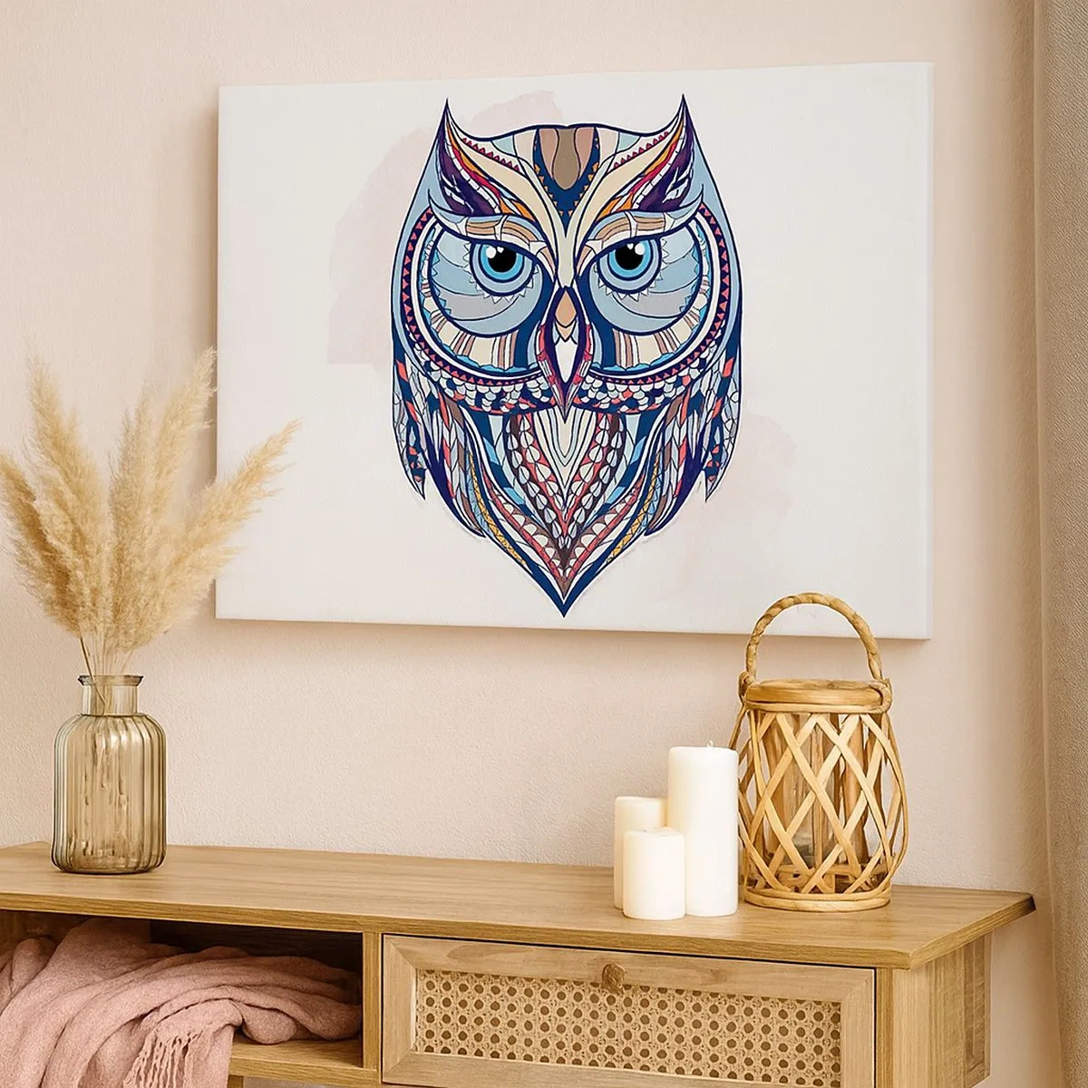 Canvastavla - Bild på duk - Geometrisk uggla i nyanser av blått och beige - 70x50cm - Ornamentuggla - Modern väggdekoration för vardagsrum och sovrum ARTTOR