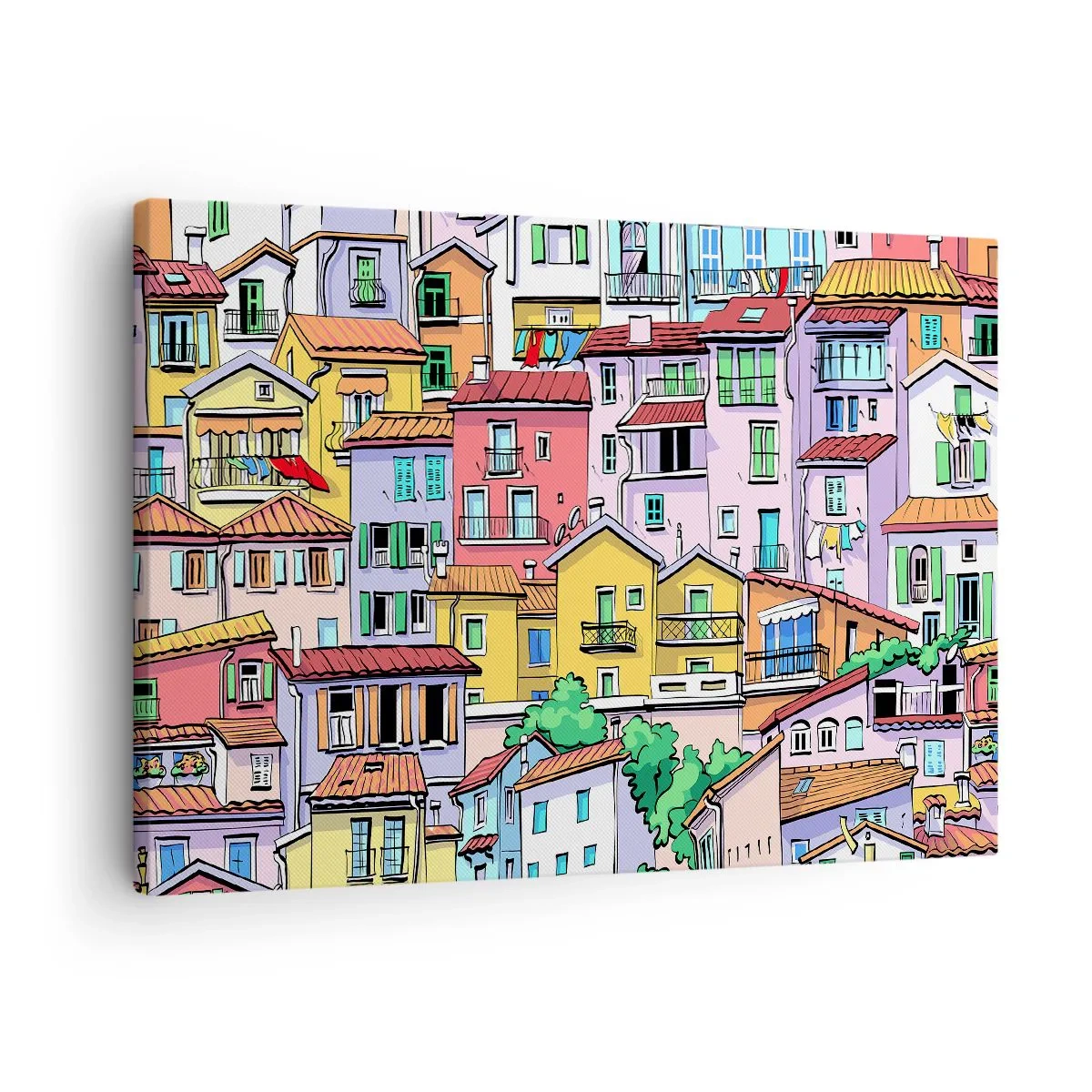 Canvastavla - Bild på duk - Färgglada hyreshus i livlig och glad stil - 70x50cm - Gladlynt stad - Modern väggdekoration för vardagsrum och sovrum ARTTOR