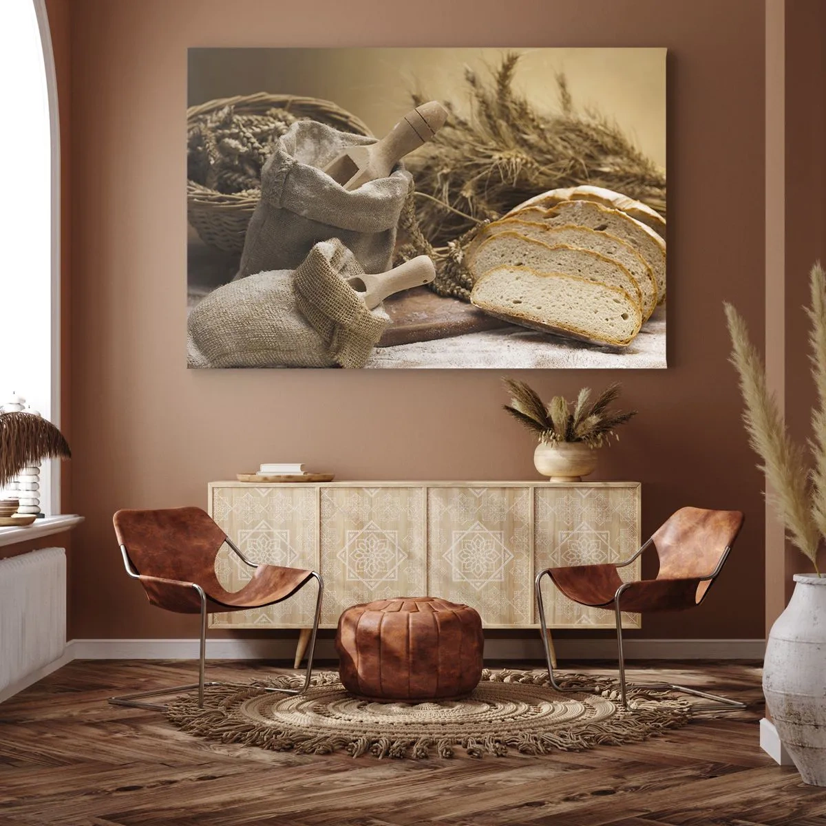 Canvastavla - Bild på duk - Ett landskap med bröd, mjöl och ax i rustik stil. - 70x50cm - Skivat bröd - Modern väggdekoration för vardagsrum och sovrum ARTTOR