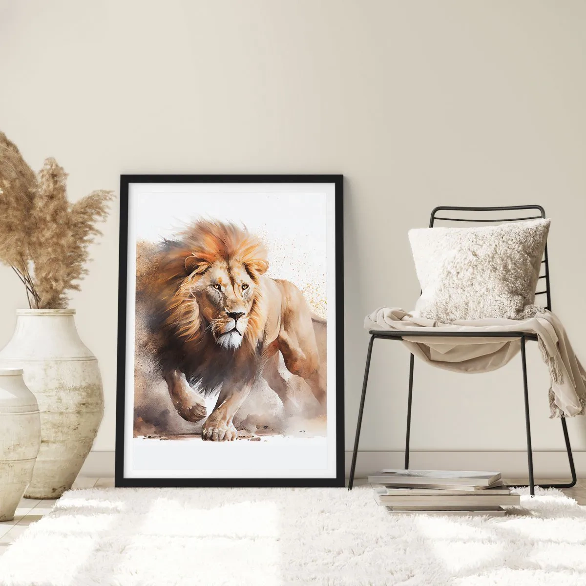 Affisch i svart ram - Ett ståtligt lejon i rörelse i målerisk stil - 50x70cm - Kungen har gett sig av - Modern väggdekoration för vardagsrum och sovrum ARTTOR