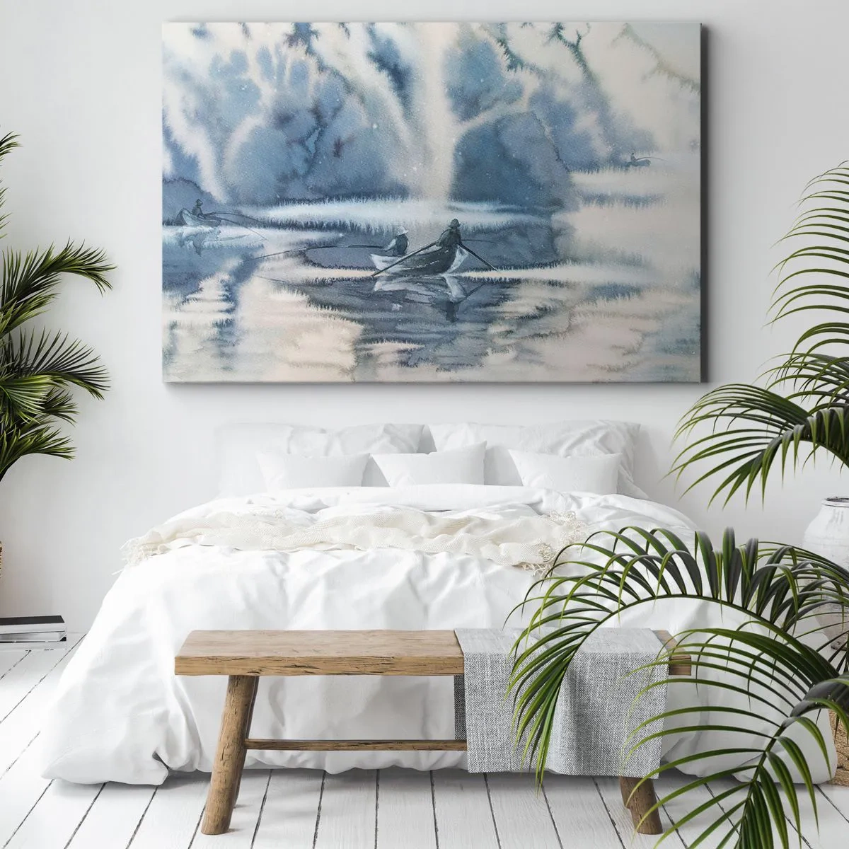 Canvastavla - Bild på duk - Akvarelllandskap med båtar på en sjö omgiven av en dimmig skog - 70x50cm - Sportfiskare i sitt paradis - Modern väggdekoration för vardagsrum och sovrum ARTTOR