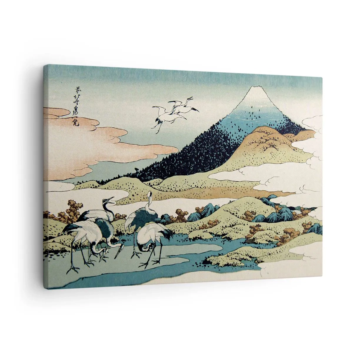 Canvastavla - Bild på duk - Traditionell japansk grafik med berg och tranor - 70x50cm - I japansk anda - Modern väggdekoration för vardagsrum och sovrum ARTTOR
