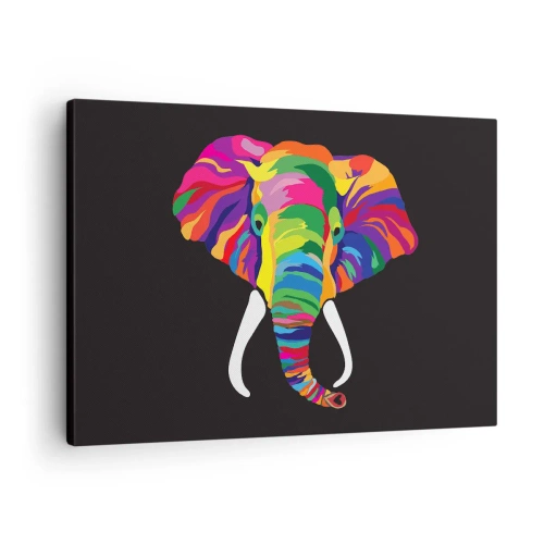 Canvastavla - Bild på duk - En färgglad bild av en elefant mot svart bakgrund - 70x50cm - Elefanten som älskade bada i regnbågen - Modern väggdekoration för vardagsrum och sovrum ARTTOR