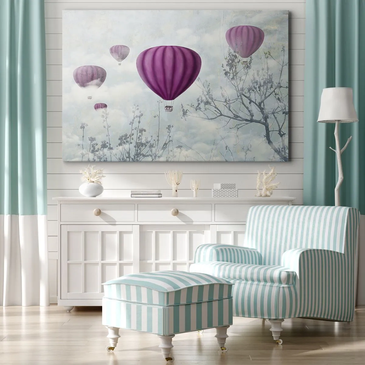 Canvastavla - Bild på duk - Lila ballonger som svävar ovanför träden i molnen - 70x50cm - Som båtar på himlen - Modern väggdekoration för vardagsrum och sovrum ARTTOR