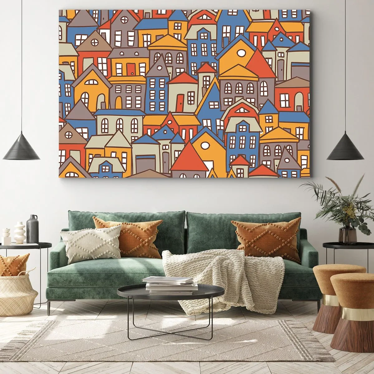 Canvastavla - Bild på duk - Färgglada hus i grafisk stil mot en ljus bakgrund - 70x50cm - Hus bakom hus - Modern väggdekoration för vardagsrum och sovrum ARTTOR