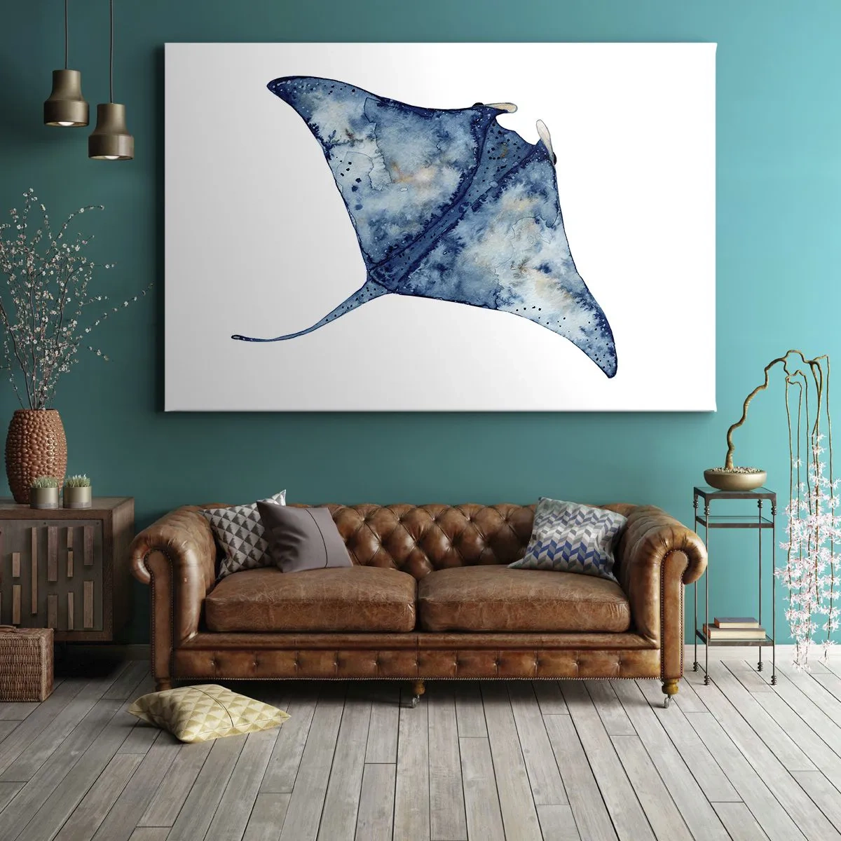 Canvastavla - Bild på duk - Blå stingrocka i akvarellstil på vit bakgrund - 70x50cm - Liv i blått - Modern väggdekoration för vardagsrum och sovrum ARTTOR