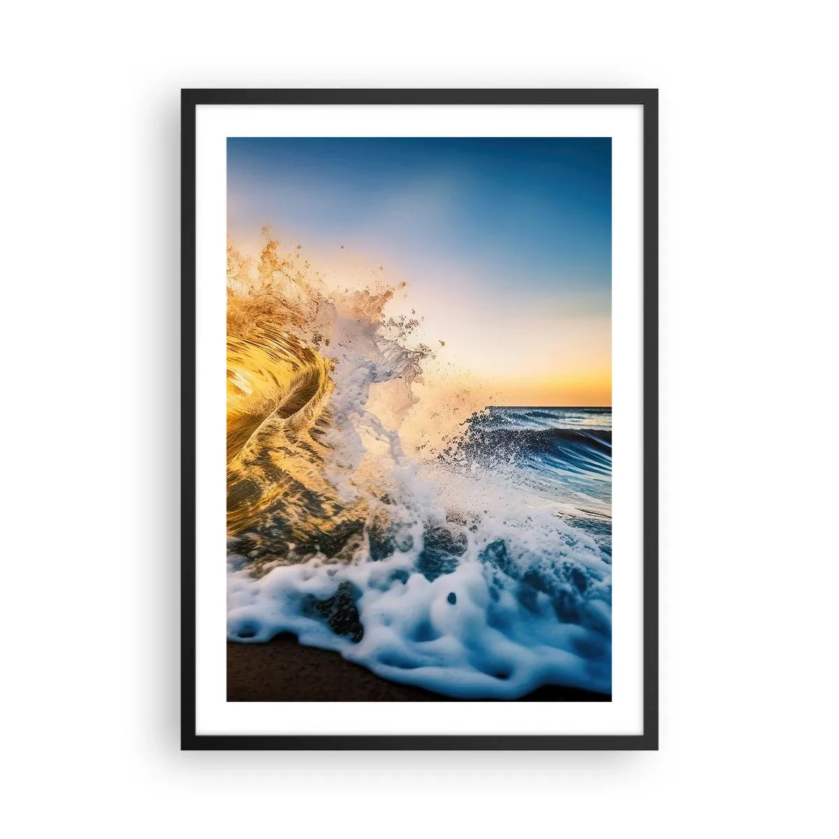 Affisch i svart ram - En dynamisk havsvåg som kraschar mot stranden vid solnedgången - 50x70cm - Lek i sanden - Modern väggdekoration för vardagsrum och sovrum ARTTOR