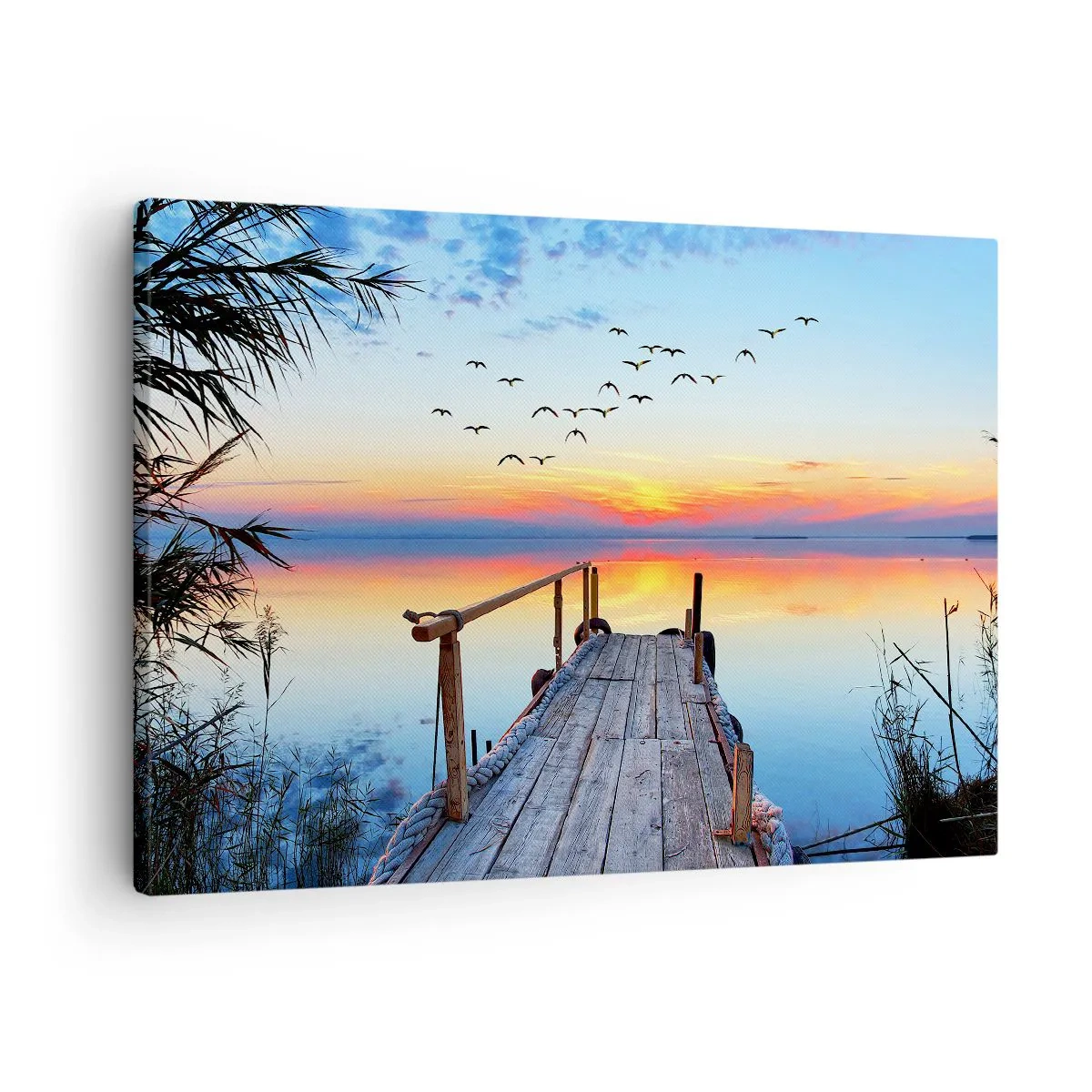 Canvastavla - Bild på duk - Träbrygga över sjön vid solnedgången - 70x50cm - Dags att vända hem... - Modern väggdekoration för vardagsrum och sovrum ARTTOR