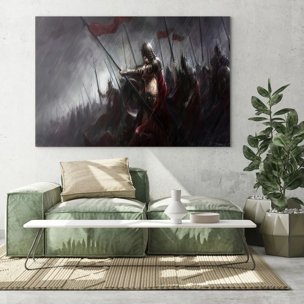 Glastavla - Bild på glas - Riddare i regnet på slagfältet i full utrustning - 70x50cm - Förbipasseraren, hälsa Sparta... - Modern väggdekoration för vardagsrum och sovrum ARTTOR