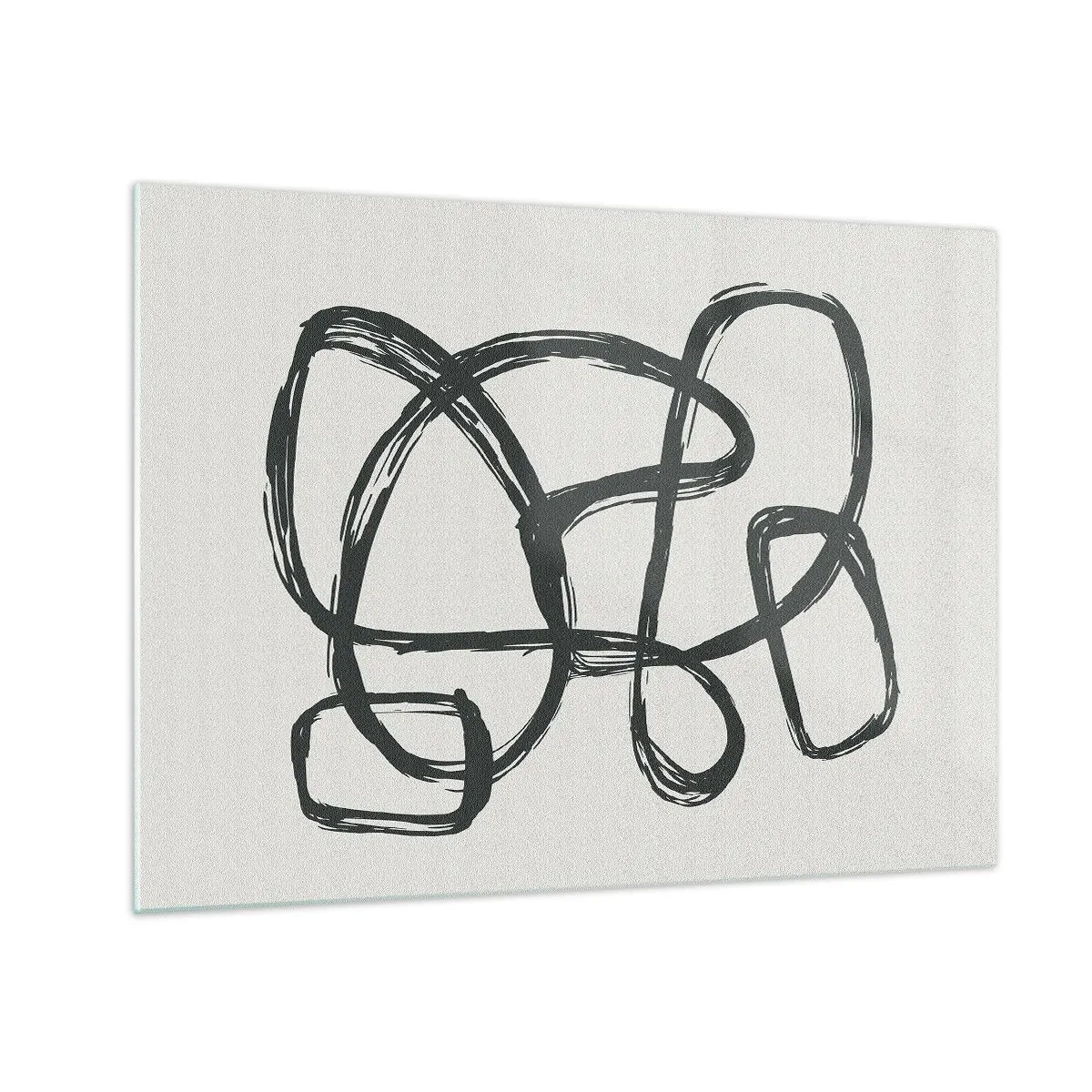 Glastavla - Bild på glas - Svarta öglor och linjer bildar en abstrakt komposition mot en vit bakgrund. - 70x50cm - Loopad abstraktion - Modern väggdekoration för vardagsrum och sovrum ARTTOR