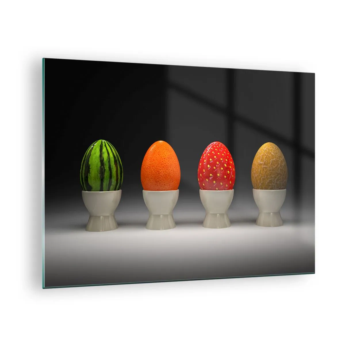 Glastavla - Bild på glas - Ägg i fruktskal på ett stativ - 70x50cm - Fruktfrukost - Modern väggdekoration för vardagsrum och sovrum ARTTOR
