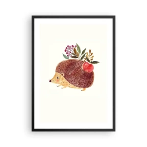 Affisch i svart ram - En söt igelkott med ett äpple och kvistar på en ljus bakgrund - 50x70cm - Och du gillar mig redan - Modern väggdekoration för vardagsrum och sovrum ARTTOR