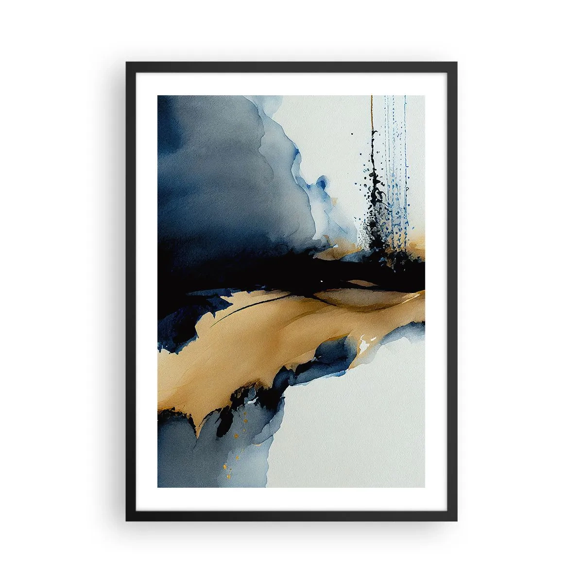 Affisch i svart ram - En abstrakt komposition i nyanser av marinblått och guld - 50x70cm - Bakom ridån - Modern väggdekoration för vardagsrum och sovrum ARTTOR