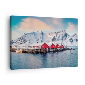 Canvastavla - Bild på duk - Röda hus mot bakgrund av snötäckta berg och det blå havet - 70x50cm - Nordligt gömställe - Modern väggdekoration för vardagsrum och sovrum ARTTOR