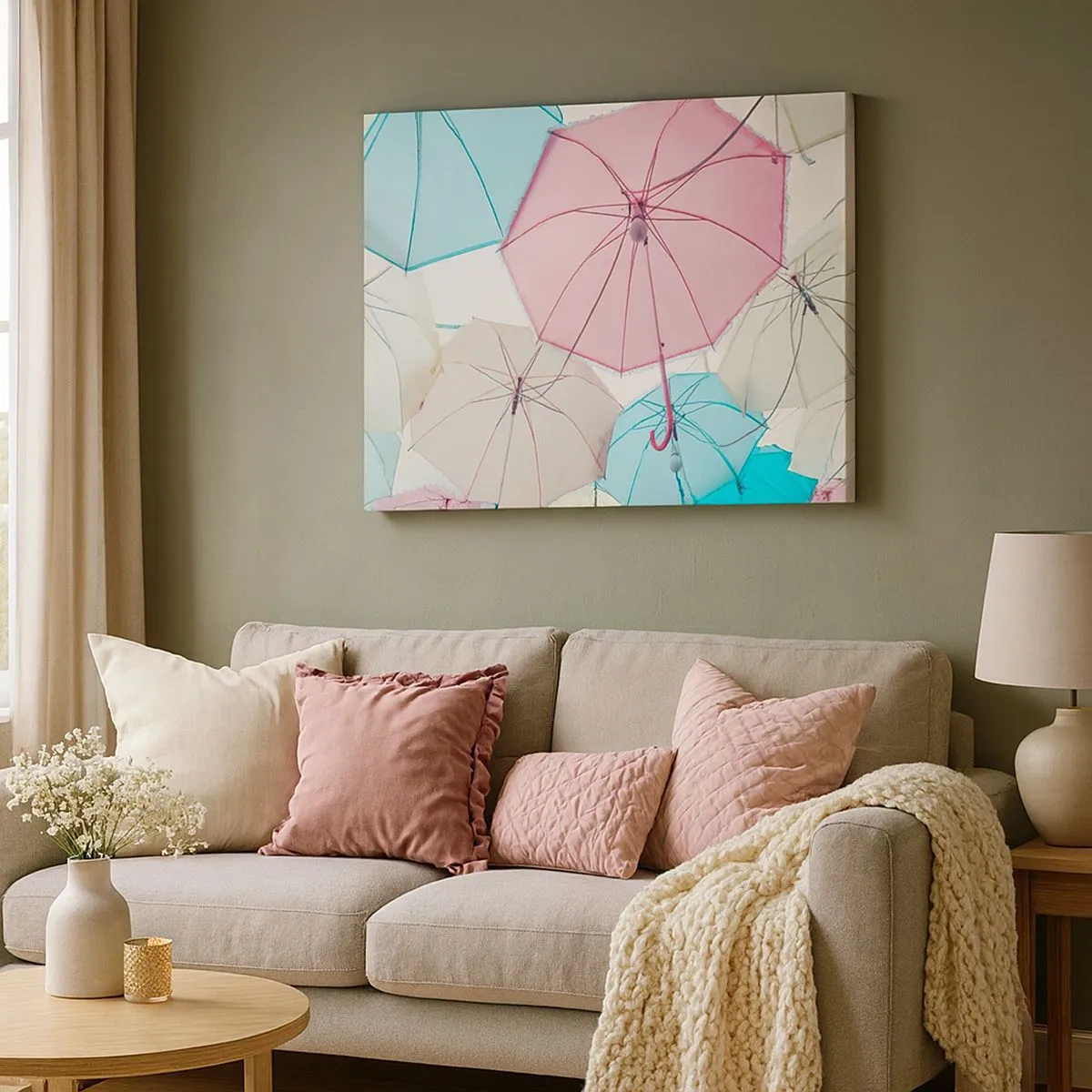 Canvastavla - Bild på duk - Pastellfärgade paraplyer mot en ljus himmel - 70x50cm - Ibland sol, ibland regn - Modern väggdekoration för vardagsrum och sovrum ARTTOR