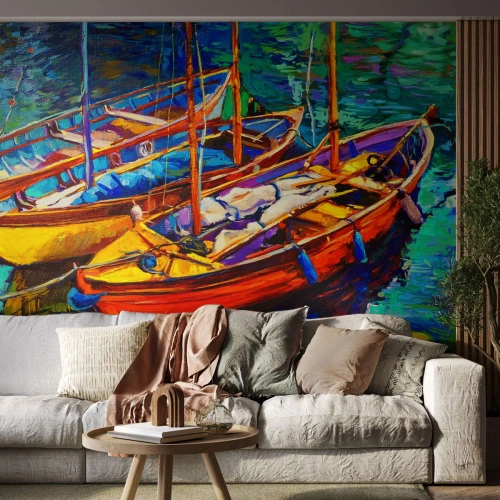 Fototapet Premium Sand - På ett färgtjockt vatten - Łódź, Segelbåt, Hav - 450x315 cm