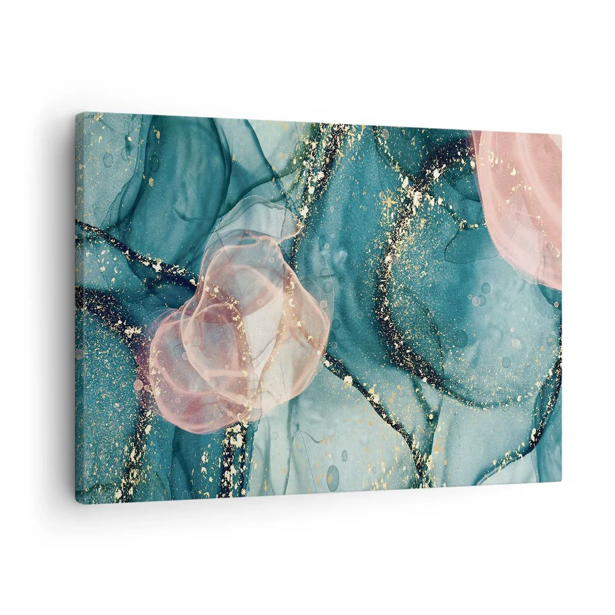 Canvastavla - Bild på duk - En abstrakt komposition i nyanser av turkos och guld. - 70x50cm - Sidenblå, tyllrosa - Modern väggdekoration för vardagsrum och sovrum ARTTOR
