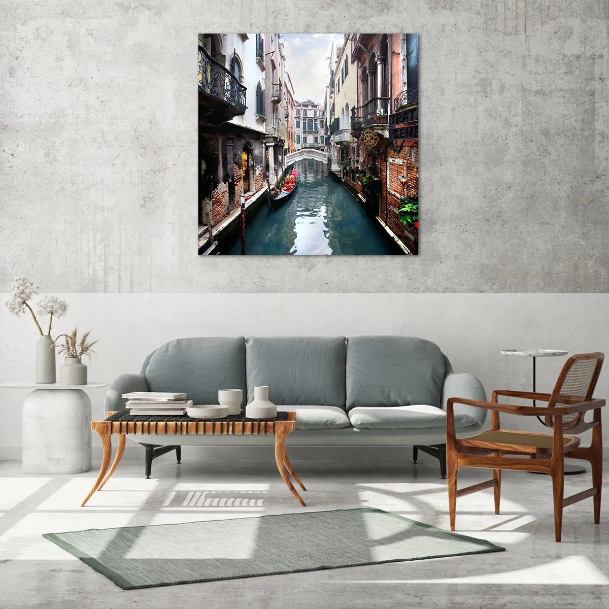 Glastavla - Bild på glas - Venedig-landskap med gondol och bro - 60x60 cm