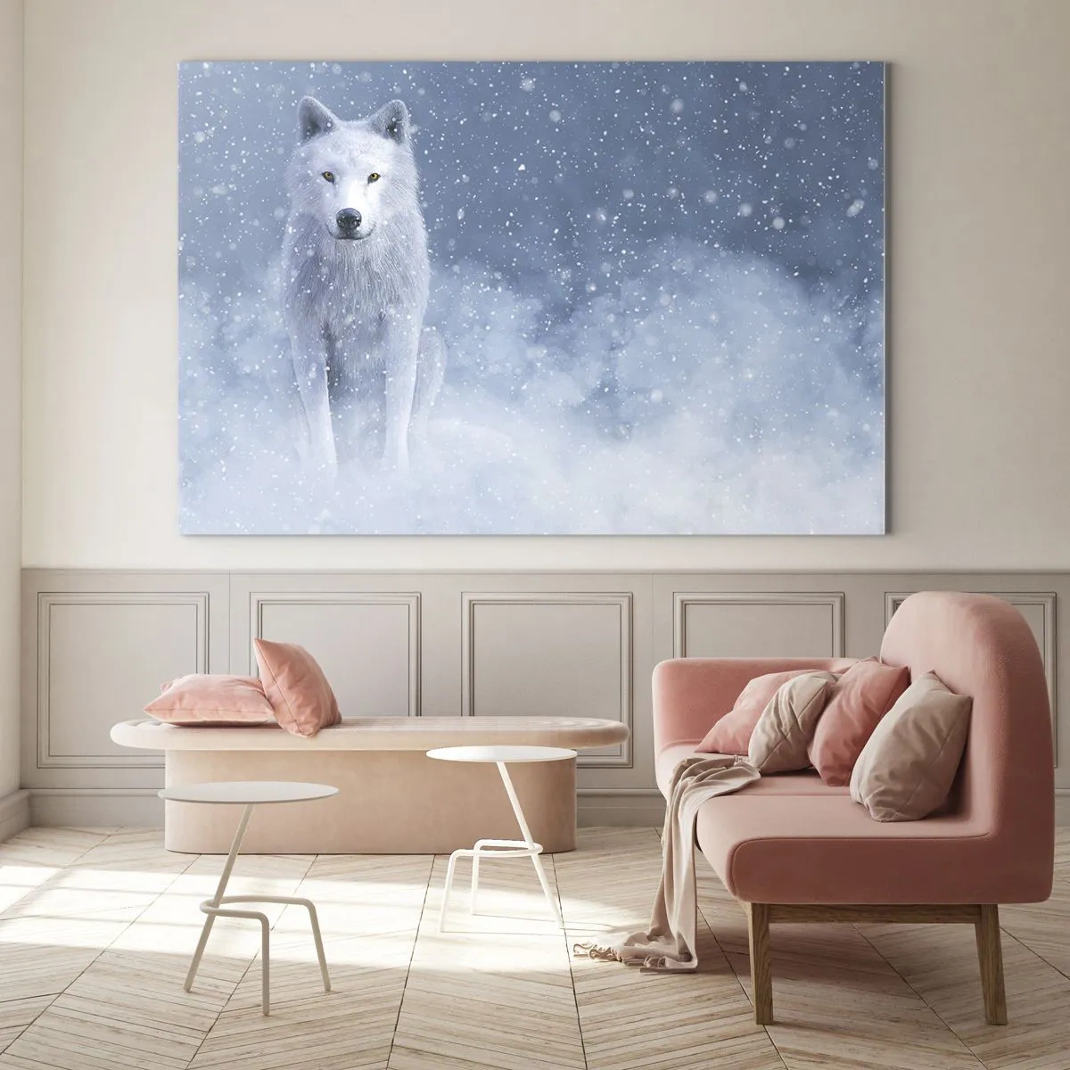 Glastavla - Bild på glas - En vit varg i en snöstorm som tittar rakt fram - 70x50cm - I vinter anda - Modern väggdekoration för vardagsrum och sovrum ARTTOR