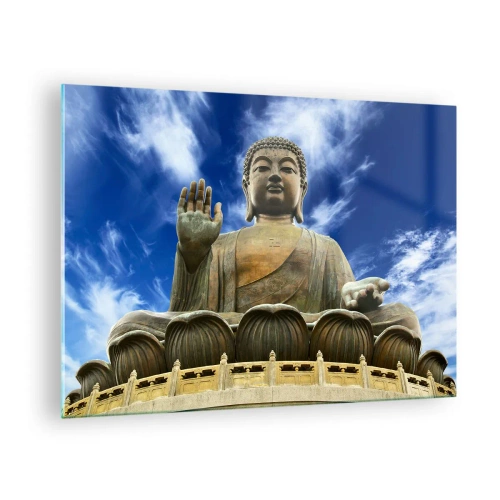 Glastavla - Bild på glas - En stor Buddhastaty mot en blå himmel - 70x50cm - Lev utan rädsla - Modern väggdekoration för vardagsrum och sovrum ARTTOR