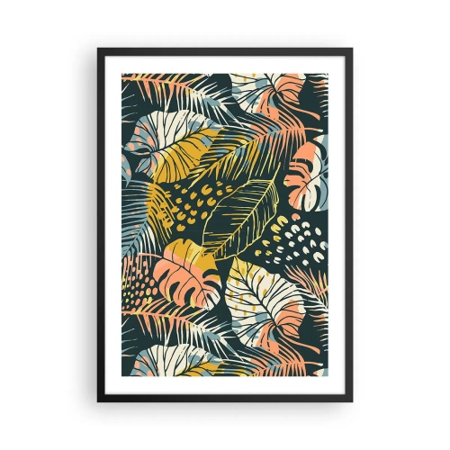 Affisch i svart ram - Ett färgglatt tropiskt lövmönster i nyanser av grönt, gult och rosa. - 50x70cm - Lövfantasi - Modern väggdekoration för vardagsrum och sovrum ARTTOR