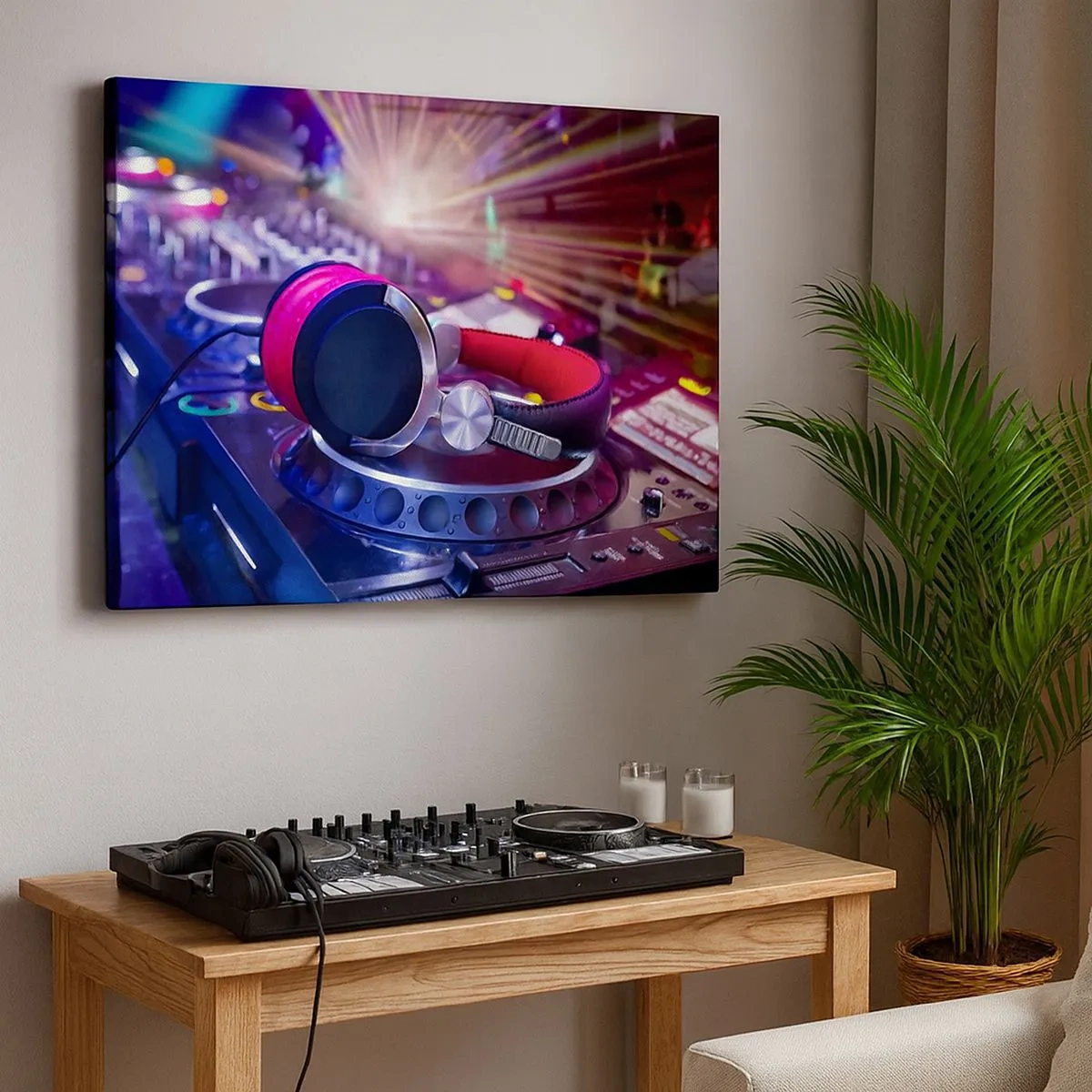 Canvastavla - Bild på duk - DJ-hörlurar på en konsol upplyst av spotlights på en fest - 70x50cm - Låt partyt börja - Modern väggdekoration för vardagsrum och sovrum ARTTOR