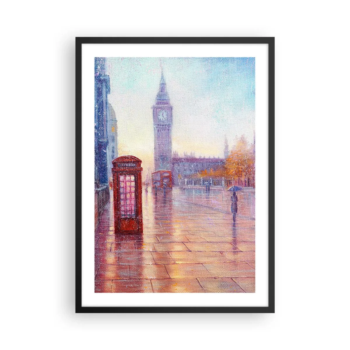 Affisch i svart ram - Big Ben och den röda telefonkiosken på en regnig dag - 50x70cm - Höstdag i London - Modern väggdekoration för vardagsrum och sovrum ARTTOR
