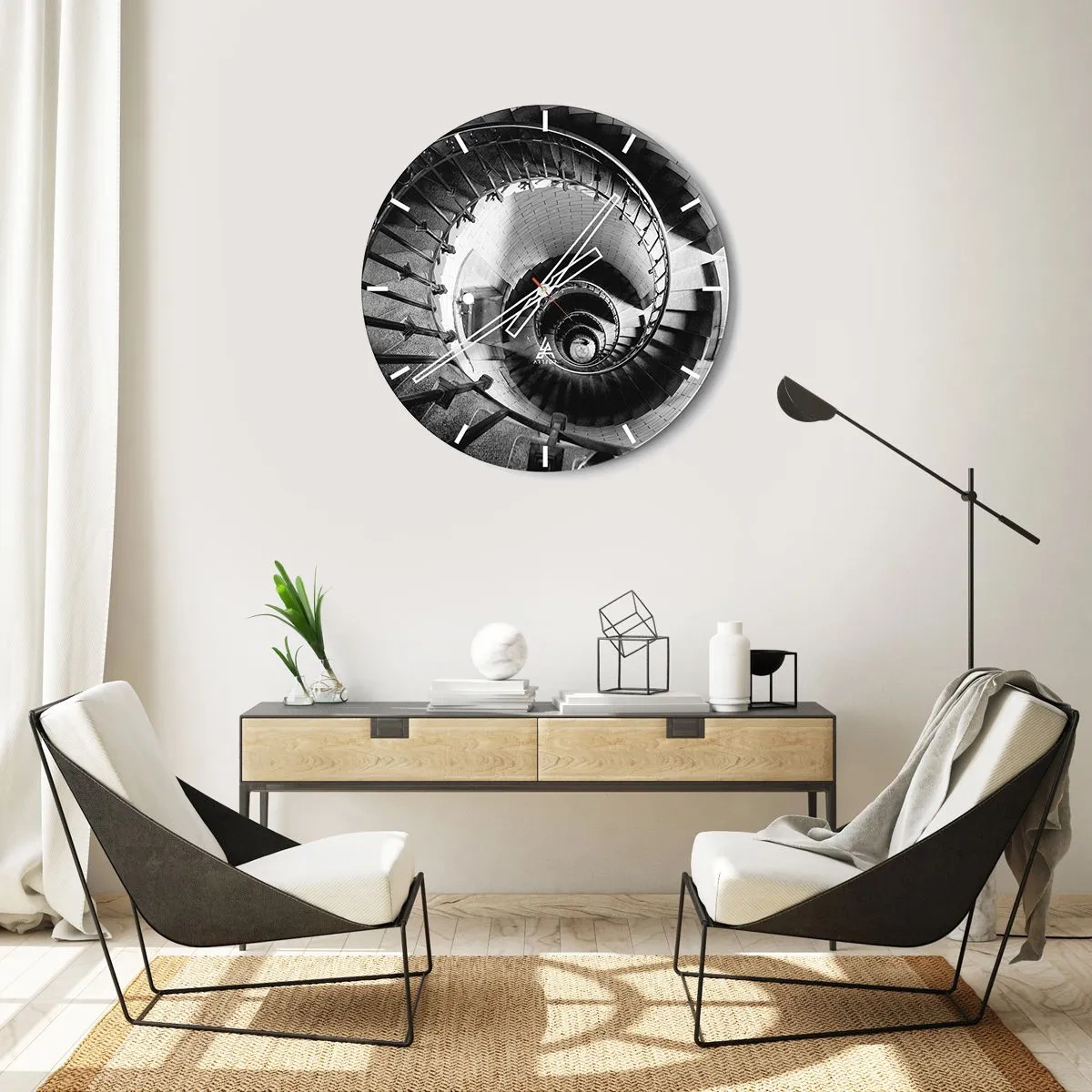 Väggklocka - Klocka på glas - Svartvit spiraltrappa sedd ovanifrån - 30x30cm - Högre och högre - Modern väggdekoration för vardagsrum, kök och sovrum ARTTOR
