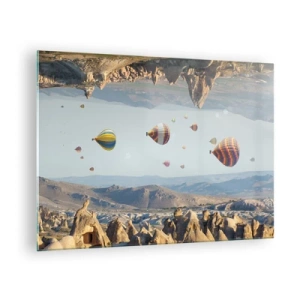 Glastavla - Bild på glas - Färgglada ballonger över det klippiga landskapet i Kappadokien - 70x50cm - Här är allt möjligt - Modern väggdekoration för vardagsrum och sovrum ARTTOR