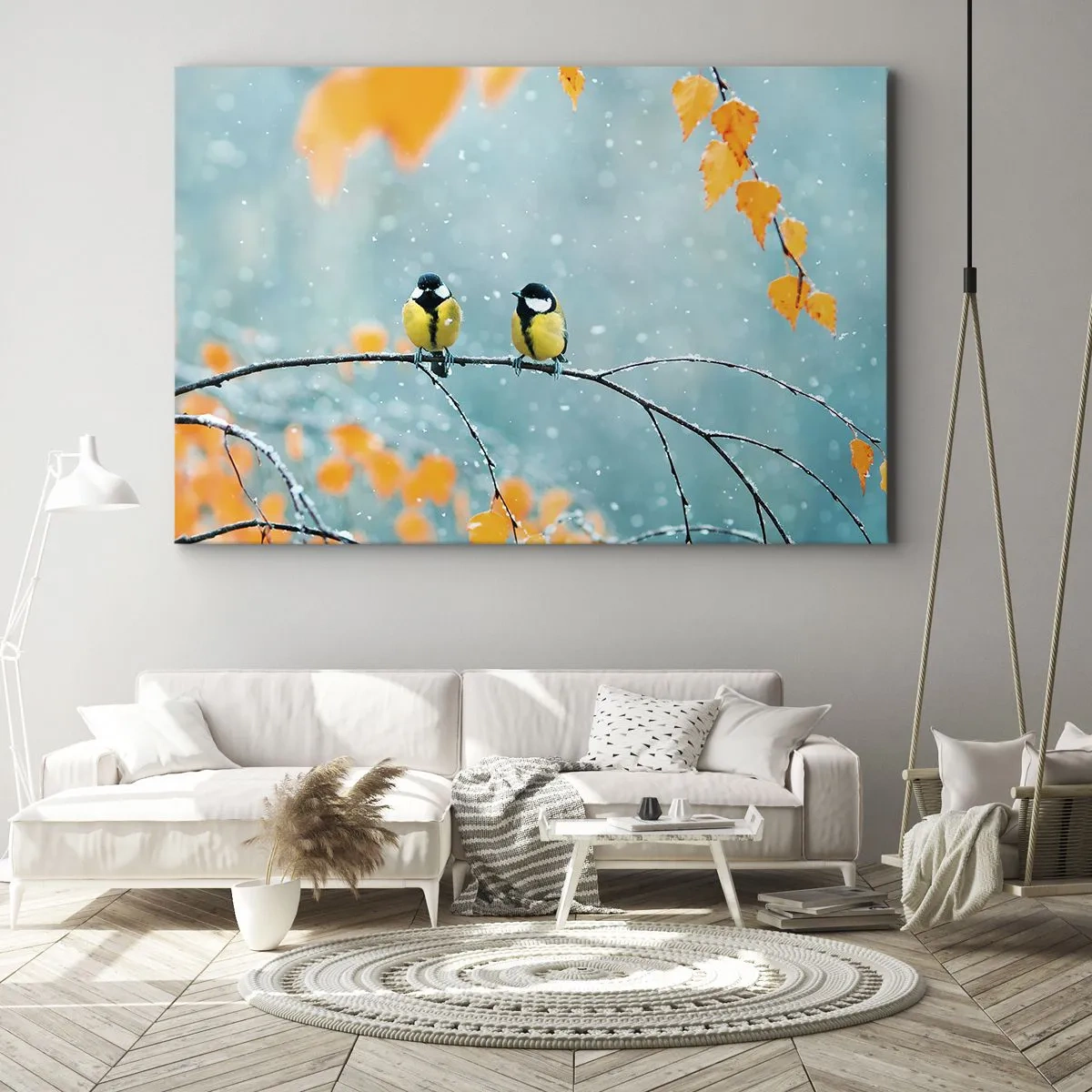 Canvastavla - Bild på duk - Två fåglar på en gren i en vintermiljö med gula löv. - 70x50cm - Fåglarnas skvaller - Modern väggdekoration för vardagsrum och sovrum ARTTOR