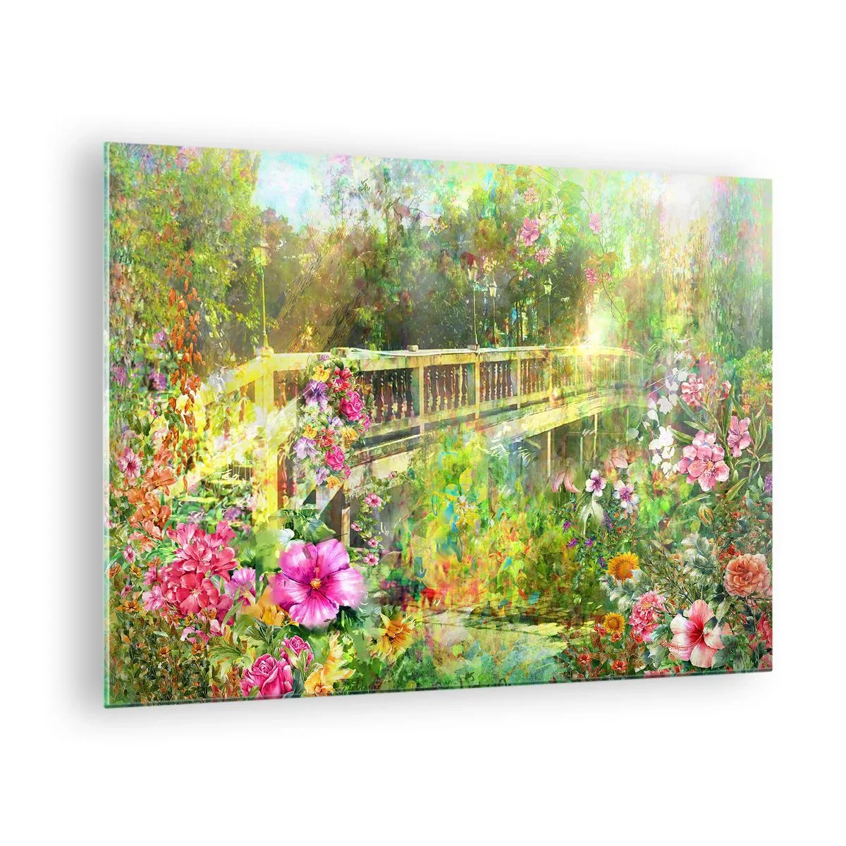 Glastavla - Bild på glas - En bro omgiven av frodig vegetation och färgglada blommor - 70x50cm - Vårsuckarnas bro - Modern väggdekoration för vardagsrum och sovrum ARTTOR