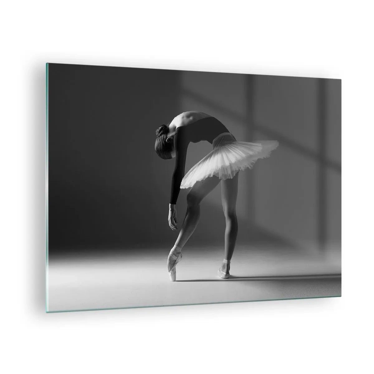 Glastavla - Bild på glas - Svartvit silhuett av en ballerina i en graciös pose - 70x50cm - Bella ballerina - Modern väggdekoration för vardagsrum och sovrum ARTTOR