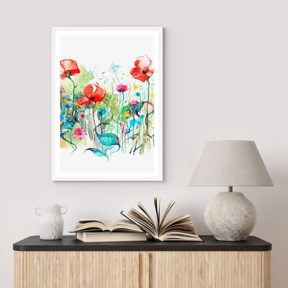 Affisch i vit ram - Majblommande äng - 70x100 cm