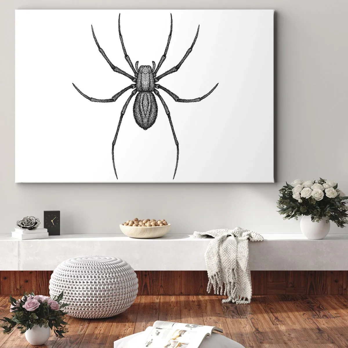 Canvastavla - Bild på duk - Detalj av en spindel på en vit bakgrund i tecknad stil - 70x50cm - Oroväckande precision - Modern väggdekoration för vardagsrum och sovrum ARTTOR