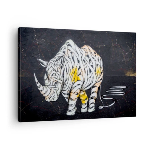 Canvastavla - Bild på duk - En snidad noshörning med abstrakta ränder mot en mörk bakgrund. - 70x50cm - Grovhet är en myt - Modern väggdekoration för vardagsrum och sovrum ARTTOR