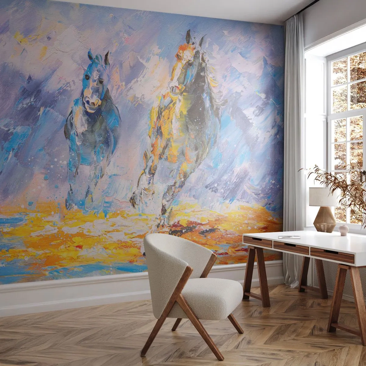Självhäftande Fototapet Deluxe Sticker - Galopp genom skenet - Djur, Hästar, Impressionism - 250x175 cm